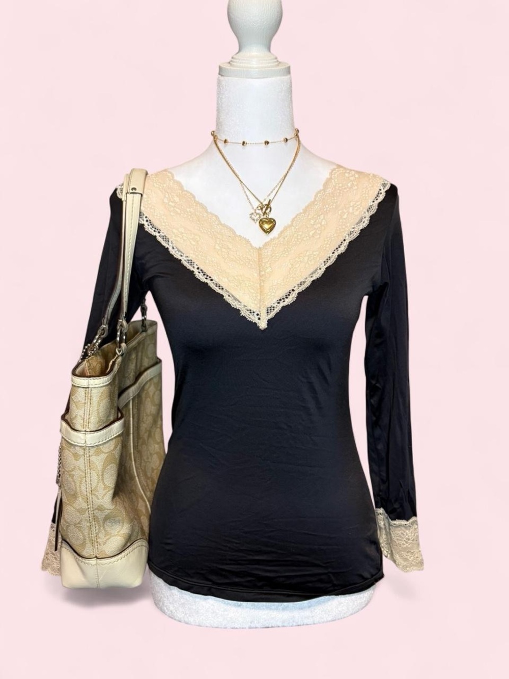 V-Neck Lace Trim Long Sleeve Top - Cream Accents